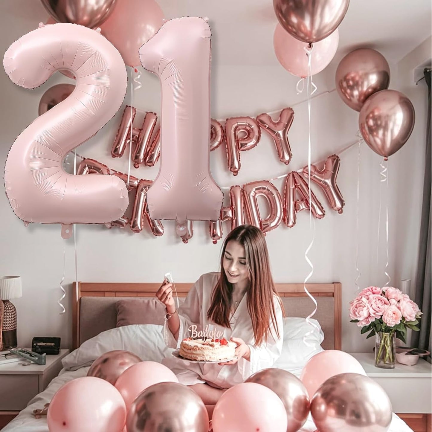 Light Pink 21st Birthday Balloon for Women, 40'' Self Inflating Mylar Number 21 Balloons, Big Blush Pastel Pink Foil 2 & 1 Helium Balloon for Her Boho Coquette 12th 21st Birthday Party Decorations