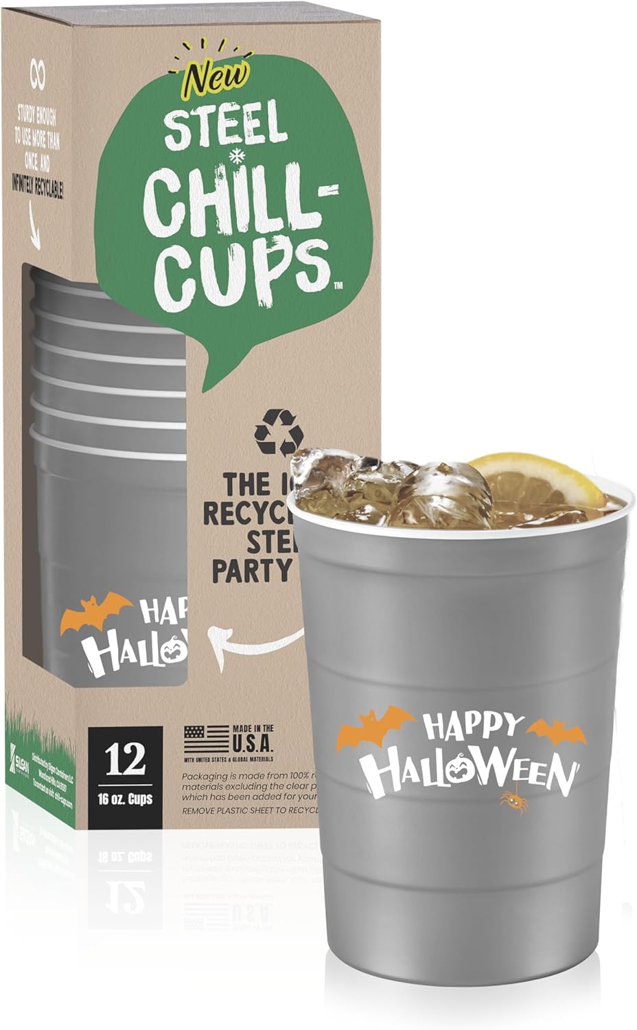 16 oz. Party Cups 'Happy Halloween' Ghost Design for Cold Drinks, Durable, Disposable, Recyclable, Made in USA, Gray, 12 Count