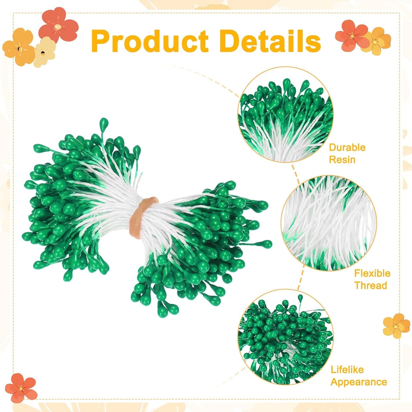 150-Pack Flower Stamens for Crafts, 5mm Double Heads Artificial Pearl Floral Pistil Mini Flower Pollens Stamens for DIY Making/Wedding/Scrapbook Decoration [Green]