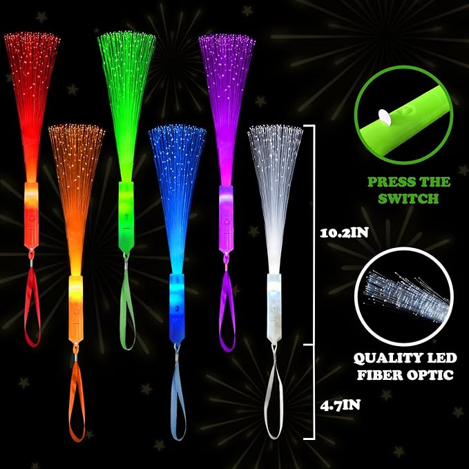 6 Pack Glow Sticks Toys Party Favors Supplies for Kids, Light Up Fiber Optic Wand Sparklers Fireworks Sticks for Toddlers, Neon Accessories Decorations for Mardi Gras,Carnival,Wedding,Birthday,Camping