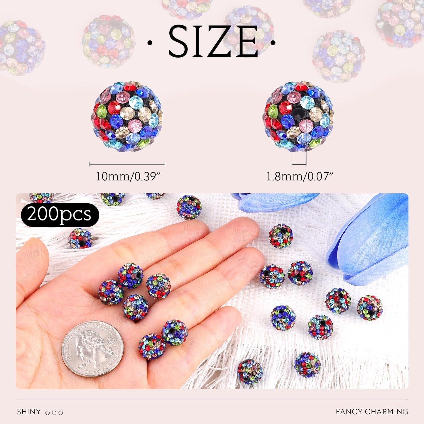 200pcs 10mm Black Mixed Rhinestone Beads for Jewelry Making, Shiny Round Shamballa Disco Ball Beads, Sparkle Crystal Clay Christmas for Bracelet Baseball Necklace Earring Crafting and DIY