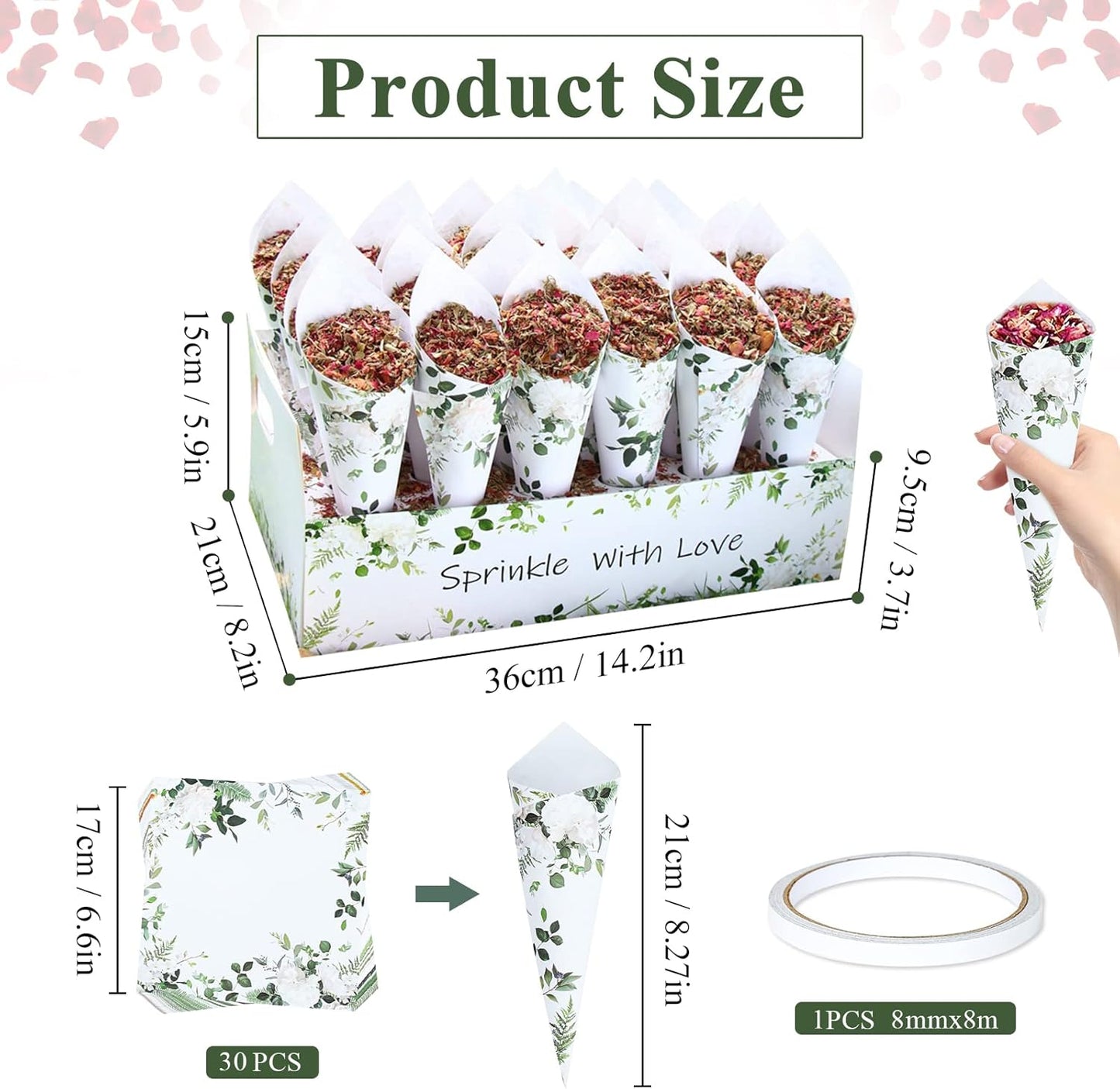 30 Pieces biodegradable confetti Cones and Stand Tray Paper Cone Box 30 Holes Suitable Placing Dried Flower Petals Confetti for Wedding, Engagement, Party, Birthday (Green)