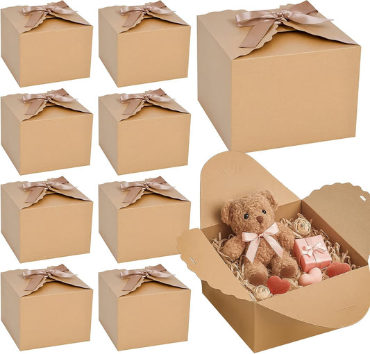 VGOODALL 10PCS Gift Boxes, 4.7" x 4.7" x 3.5" Brown Candy Boxes with Ribbon Mini Kraft Paper Party Favors for Candy Cookie Chocolate Gifts,Party Supplies