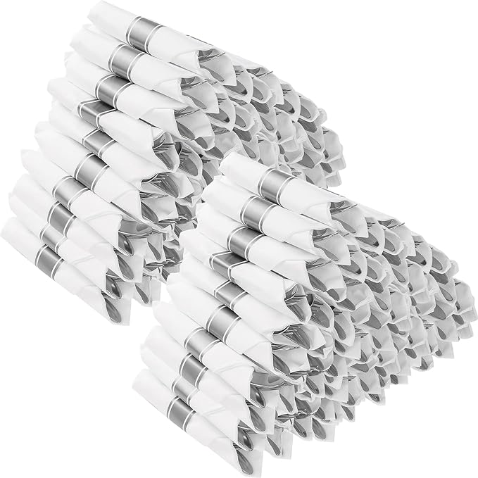 Goodluck 100 Pack Pre Rolled Silver Plastic Silverware, Wrapped Plastic Cutlery Set with Napkin Include 100 Forks, 100 Knives, 100 Spoons and 100 Napkins, Disposable Silverware for Party, Wedding