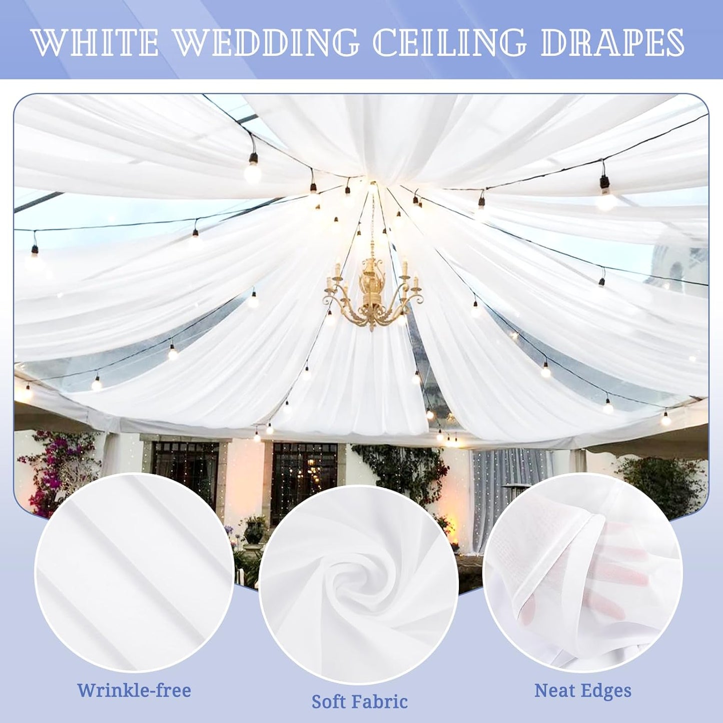 4 Panels White Ceiling Drapes for Wedding 5ftx40ft Chiffon Fabric Arch Draping Curtains Sheer Drapery for Party Ceremony Birthday Baby Shower Reception Stage Ceiling Decorations