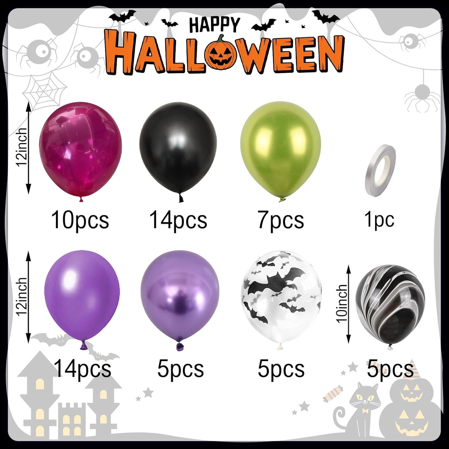 Paready Black Purple Pink Halloween Balloons, 60 Pcs Hot Pink Black Green Party Balloons, Metallic Green Purple Balloon Bat Printed Agate Balloon for Halloween Birthday Home Garden Party Decoration
