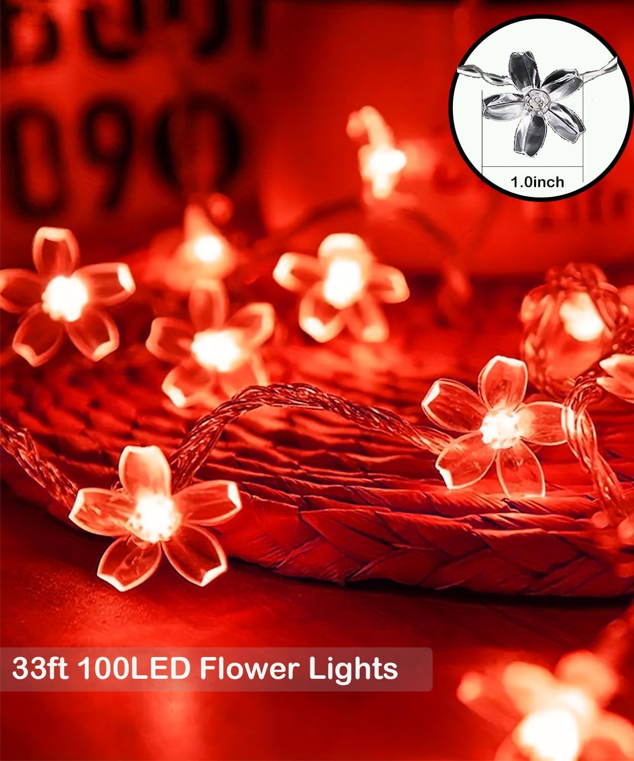 Cherry Blossom Flower String Lights, 100 led 33 feet 8 Mode Plug in Fairy Lights for Valentine's Day, Wedding, Birthday Party, Christmas Easter Tree Hanging Decorations (Red)