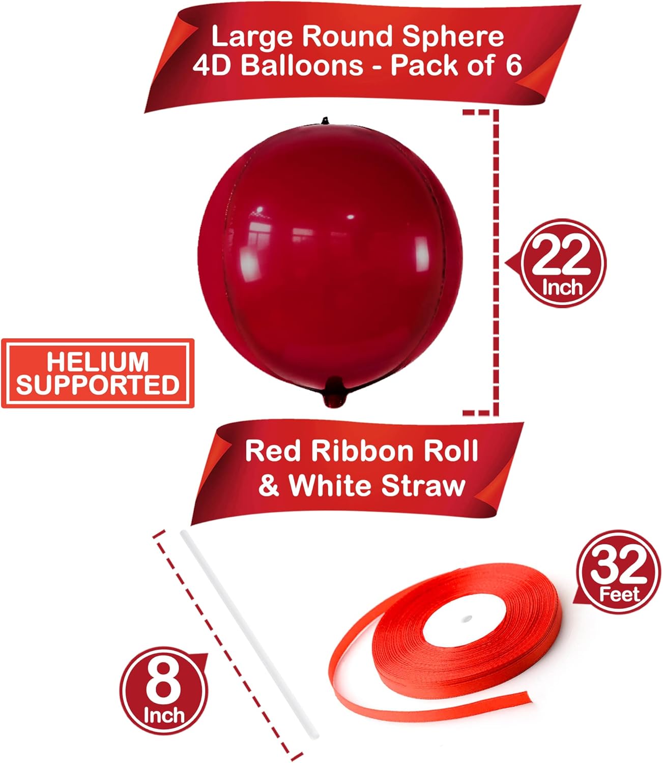 KatchOn, Big Metallic Red Balloons - Large 22 Inch, Pack of 6 | 2025 Graduation Decorations | Round 4D Red Mylar Balloons | Graduation Decorations | class of 2025
