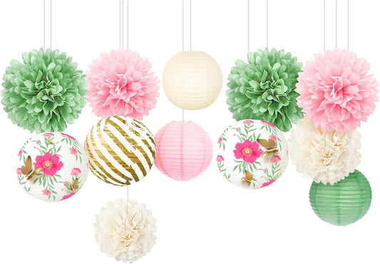 NICROLANDEE Wedding Party Decorations, 12 PCS Green Pink Blooms Paper Lanterns Tissue Pom Poms for Fairy Birthday Party Decorations, Foil Gold Butterfly Baby Bridal Shower Spring Easter Party Decor