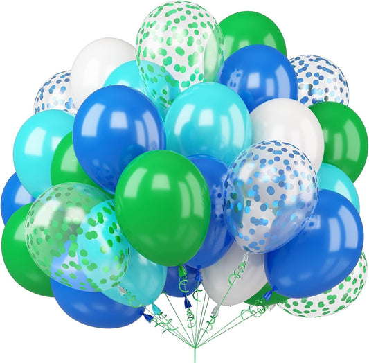 50Pcs Blue Green Balloons 12inch Light Green Blue Vintage Confetti Balloon with Ribbons for Boys Birthday Party Jungle Safari Themed Decoration