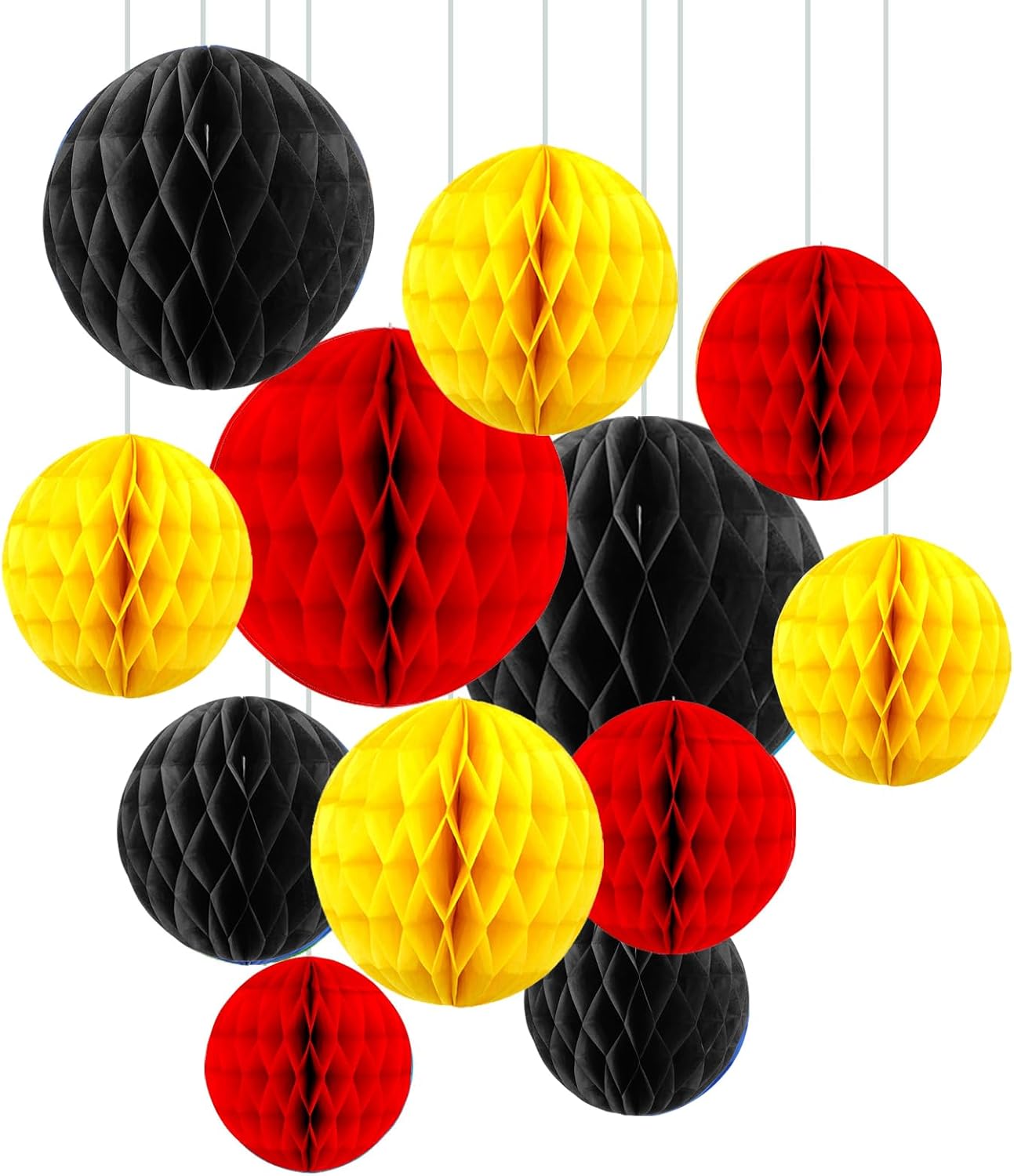ZOOYOO 12Pcs 6" 10" Honeycomb Balls Decorations Hanging Tissue Paper Pom Poms for Christmas Xmas Birthday Party Baby Shower Cartoon Decorations(Red Yellow Black)