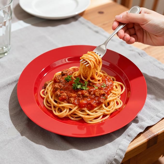 FLOWERCAT 200PCS Red Plastic Plates Disposable Plates for Party - Heavy Duty Plastic Plates - 10" &7" Plate for 100 Guests New Year Parties and Events &Christmas