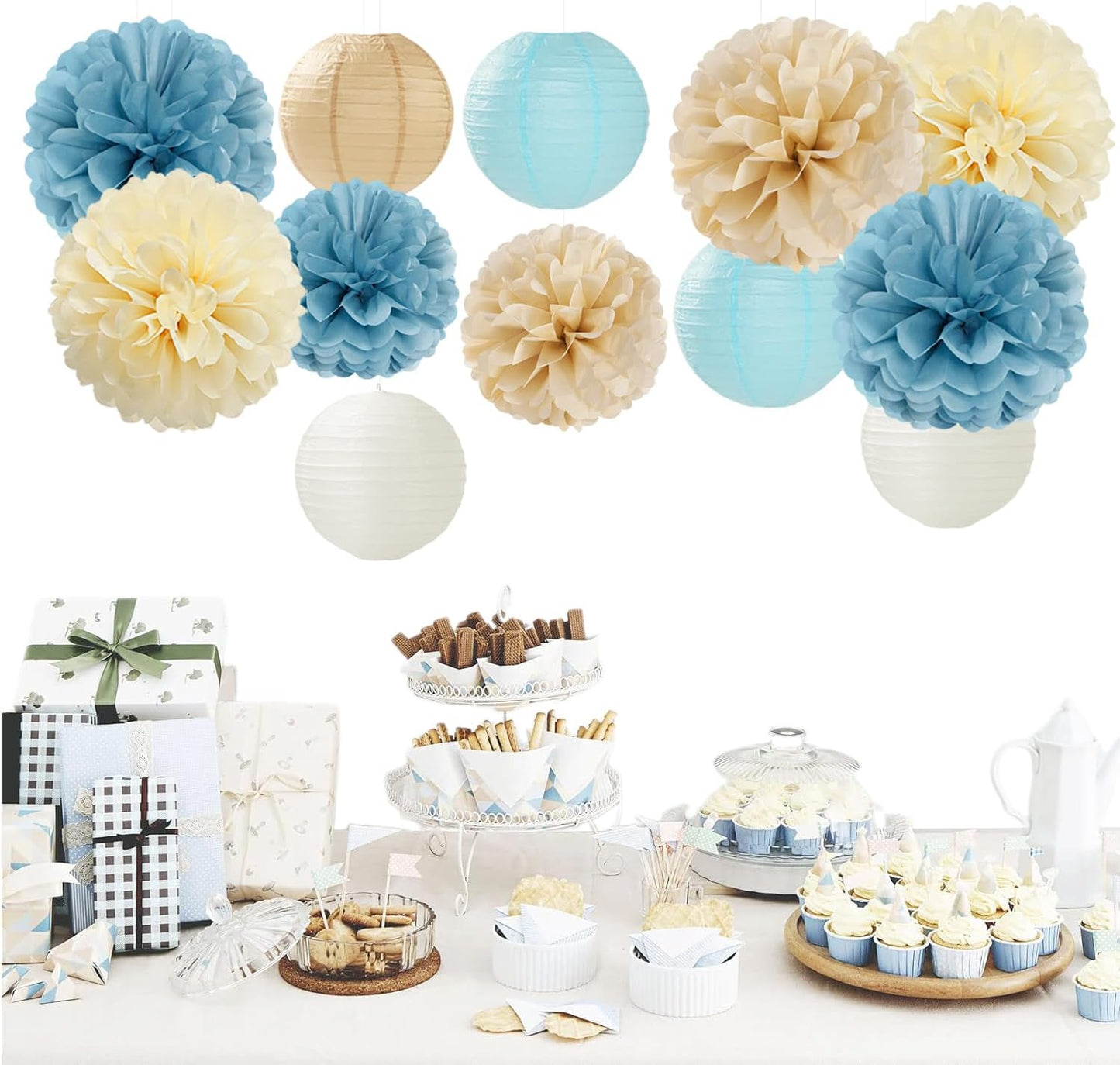 Dusty-Blue Champagne Party-Decorations Paper-Flowers Lanterns - 15pc Boho Beige Gold Tissue Pom Poms Streamers,Birthday Bachelorette Bridal Baby Shower Engagement Wedding Graduations Decor Panduola
