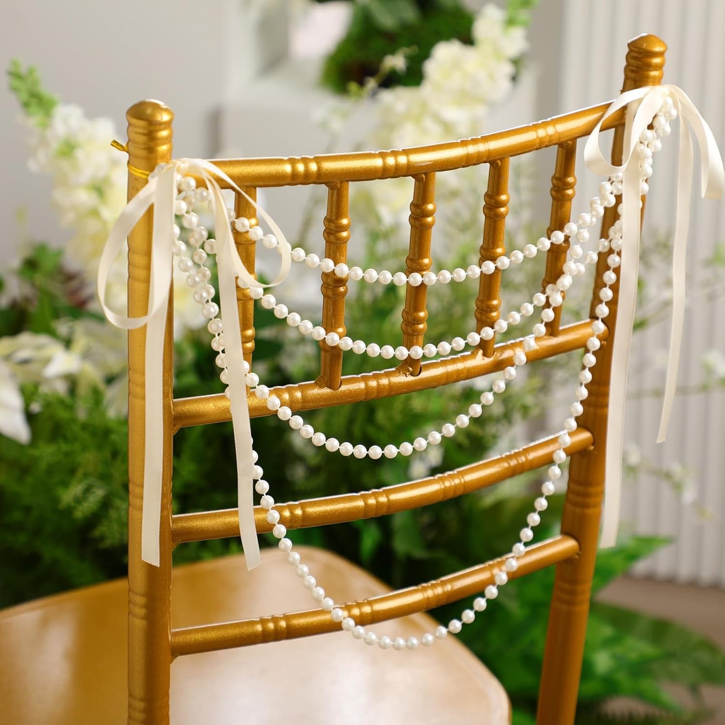 32 Pcs Wedding Pearl Bow Chair Decor Satin Ribbon Bows with Pearl Beaded String Garland Aisle Chair Sashes Decorations for Ceremony Coquette Party Banquet Decor (Ivory)