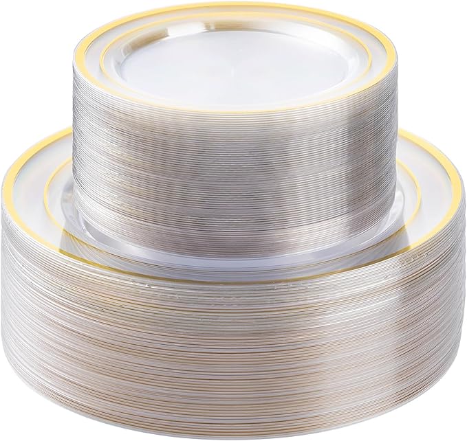 BESTSTAR 100PCS Clear Gold Plastic Plates Set, 50 10.25 inch Dinner Plates and 50 7.5 inch Dessert Plates, Disposable Plates for Party, Wedding