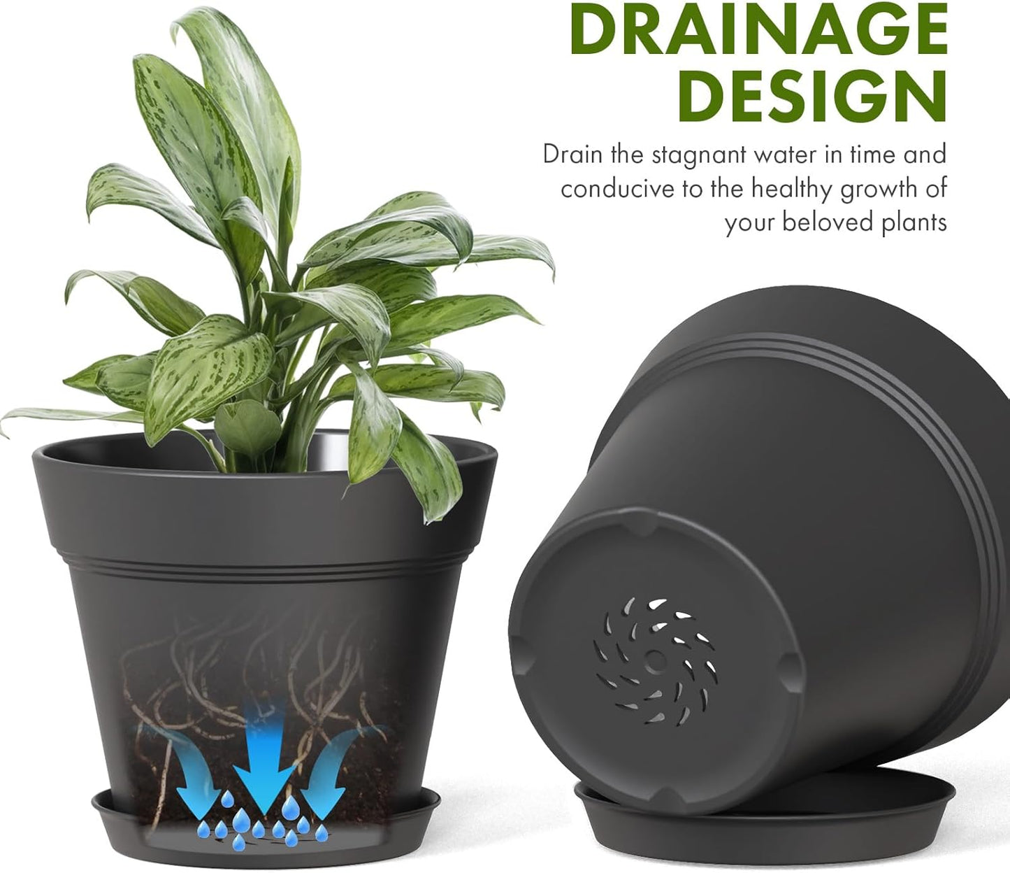 6 Inch Thick Plastic Plant Pots with Drainage Holes and Trays – 6 Pack Nursery Pots for Indoor & Outdoor House Plants, Seedling Starter Planters for Garden Flowers, Matte Black