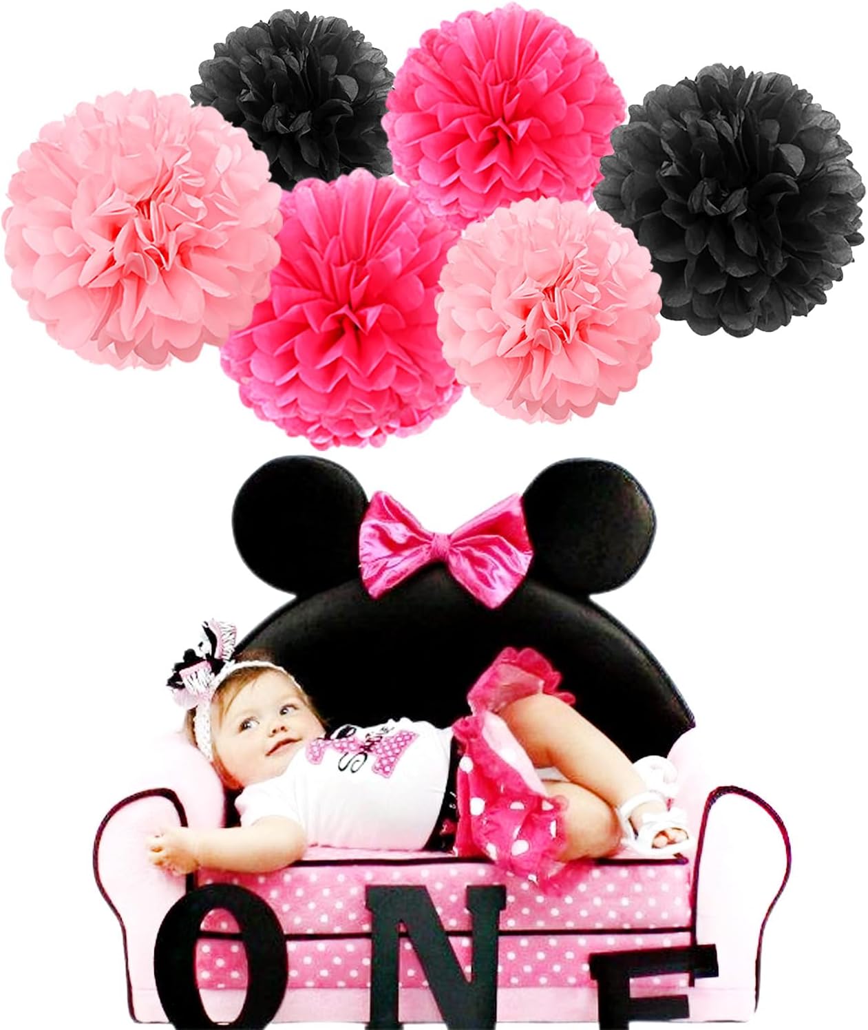Hot-Pink Black Party-Decorations Paper Flower Streamers - 23pcs Baby Girl Women Birthday Tissue Pom Poms,Bachelorette Shower Tassel Garland Banner,Graduation Hanging Supplies Decor Ouruola