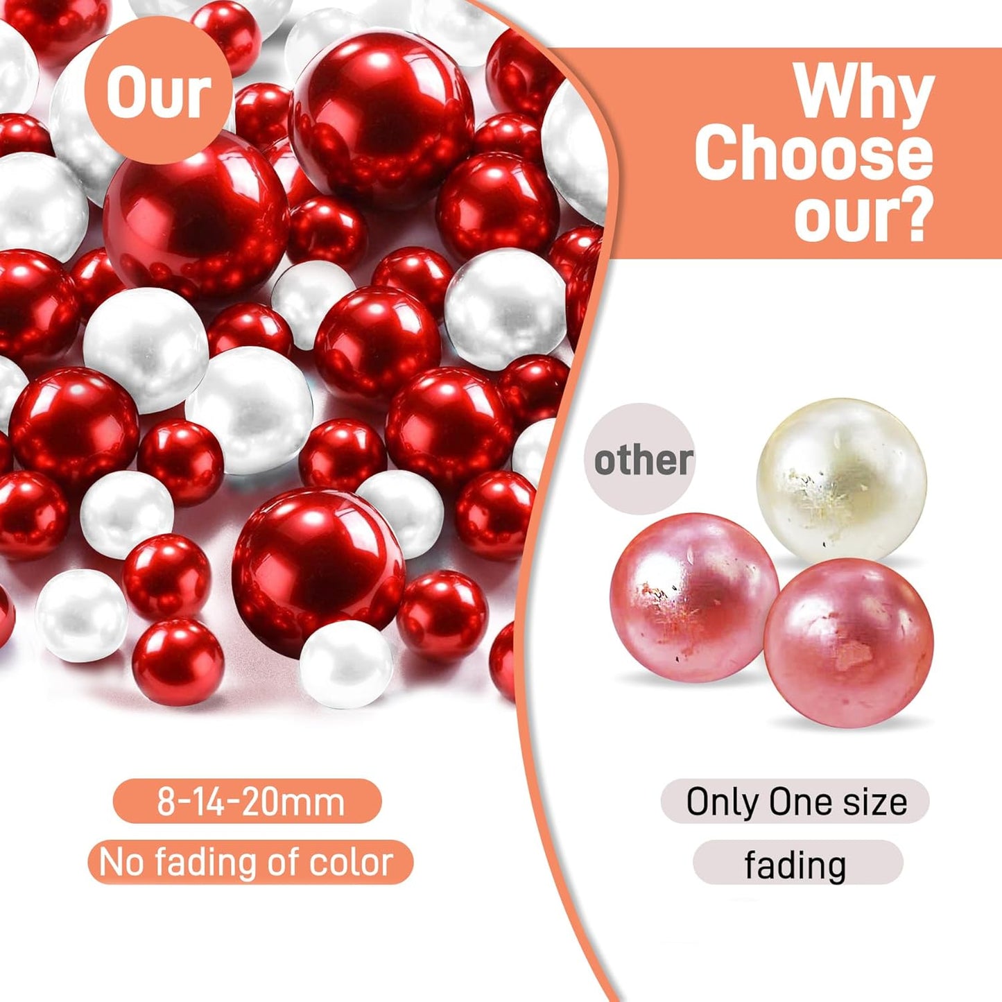 180PCS Red & White Beads for Centerpieces Vases, No Hole Polished Pearl Makeup Beads Mixed 8/14/20mm Sizes, Pearl Vase Fillers Table Scatters for Party Wedding Decor