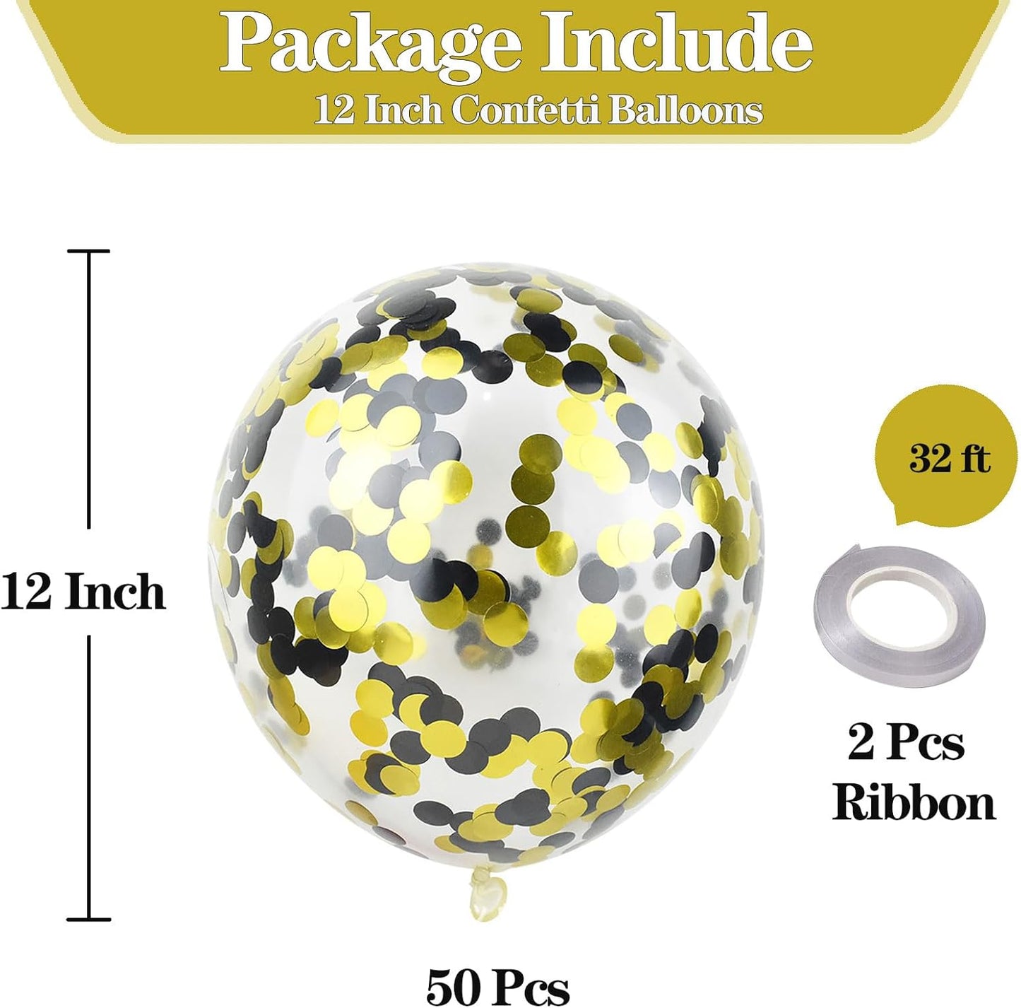 50pcs Gold Black Foil Confetti Balloons,12 inch Latex Balloon with Gold Black Confetti Inside for Birthday Family Party Graduation Decorations