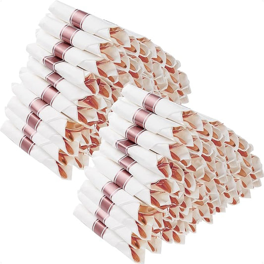 Goodluck 100 Pack Pre Rolled Rose Gold Plastic Silverware, Wrapped Cutlery Set with Napkin Include 100 Forks, 100 Knives, 100 Spoons and 100 Napkins, Fancy Disposable Silverware for Party, Wedding