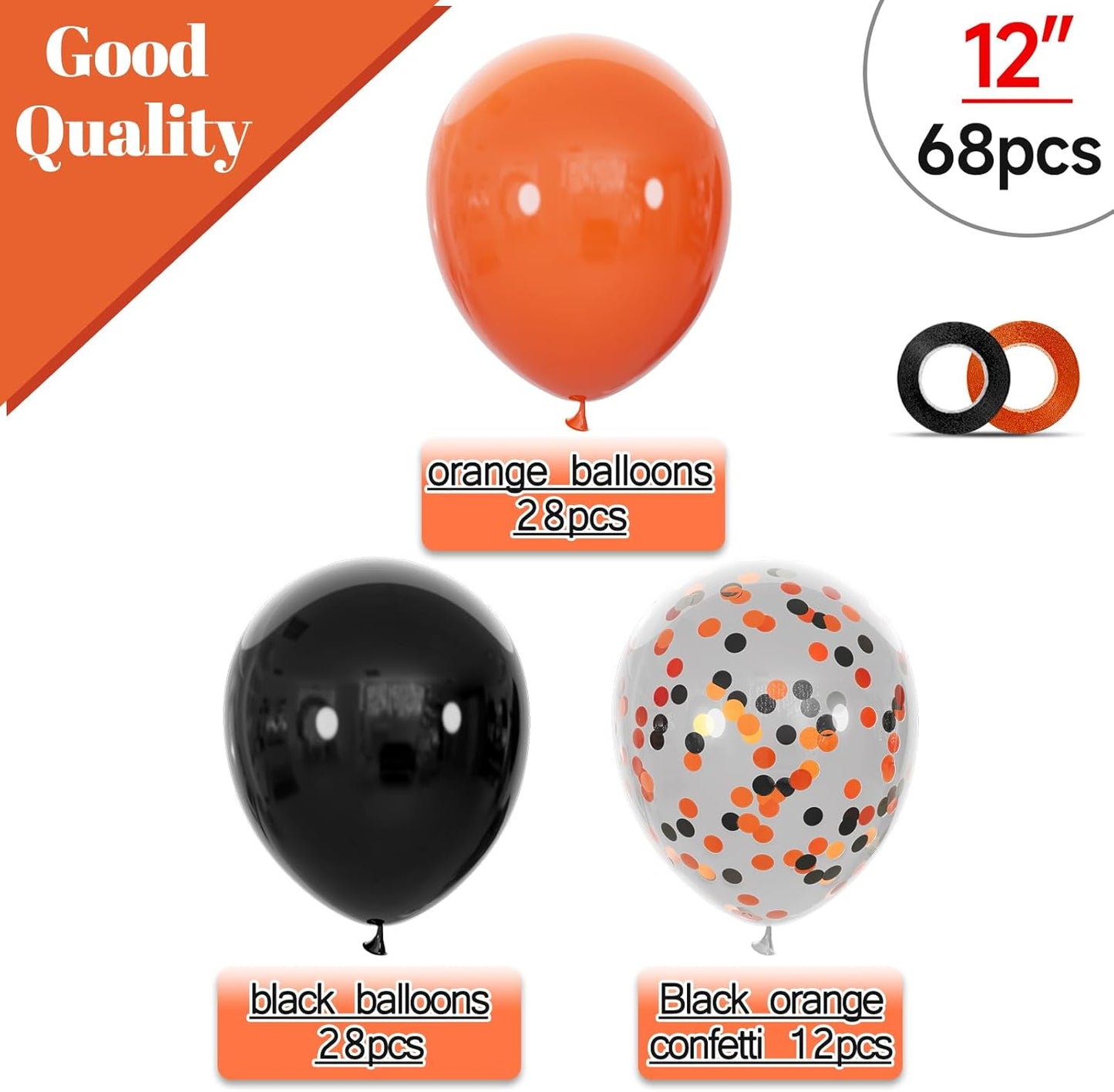 68Pcs Black and Orange Balloons, 12 inch Orange Black Latex Balloon Set with Confetti Ribbons Reusable, Fade-Resistant for Halloween, Graduation Spooky Party Decorations.