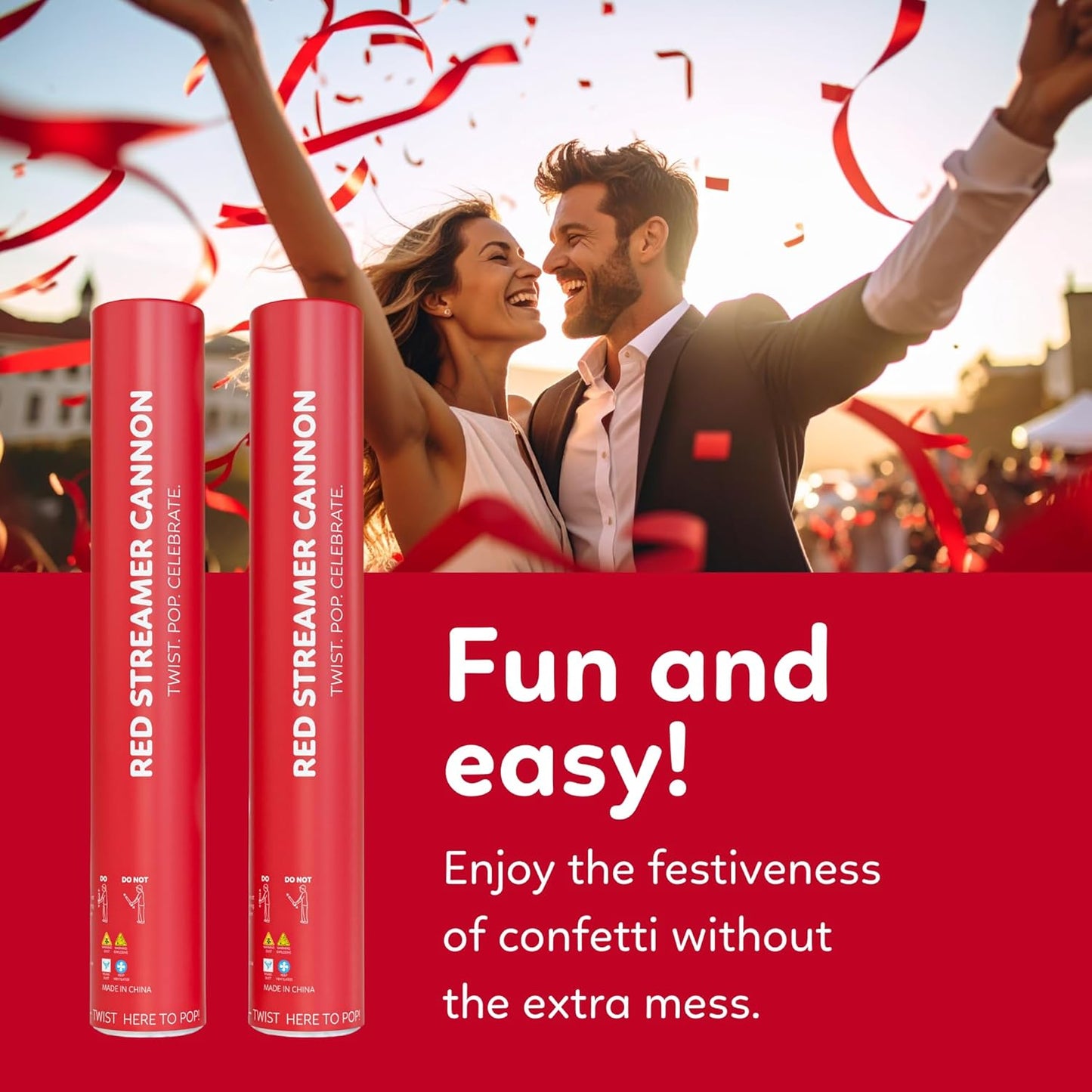 2 Pack Streamer Cannon Confetti Poppers | Biodegradable Red Confetti | TUR Party Supplies | Launches Up to 25ft | Giant (12 in) | Party Poppers for Graduation, Birthdays, Weddings, Valentine's