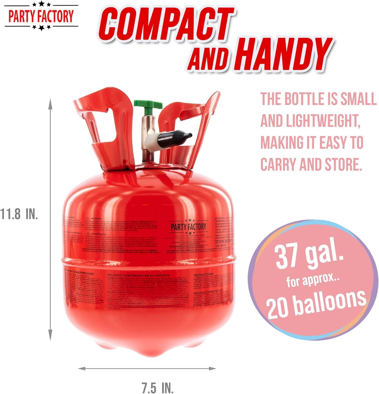 Party Factory set of 3 helium tanks for 20 balloons each, 3 helium cylinders with 5 cu. ft. gas each for party latex-, foil balloons