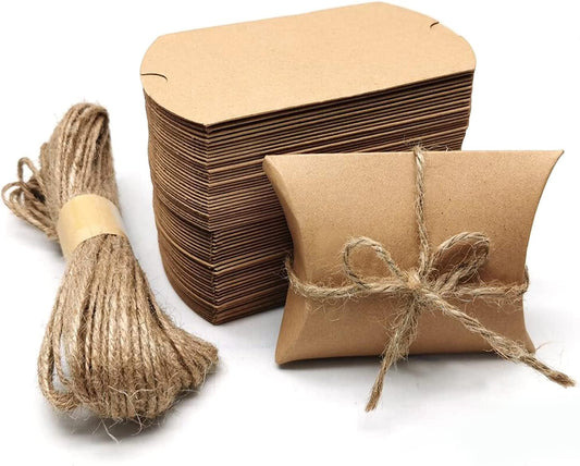 Kraft Paper Pillow Candy Box, Foldable Gift Box with Jute Rope for Weddings, Parties, Birthdays, Holidays, 60 Pcs