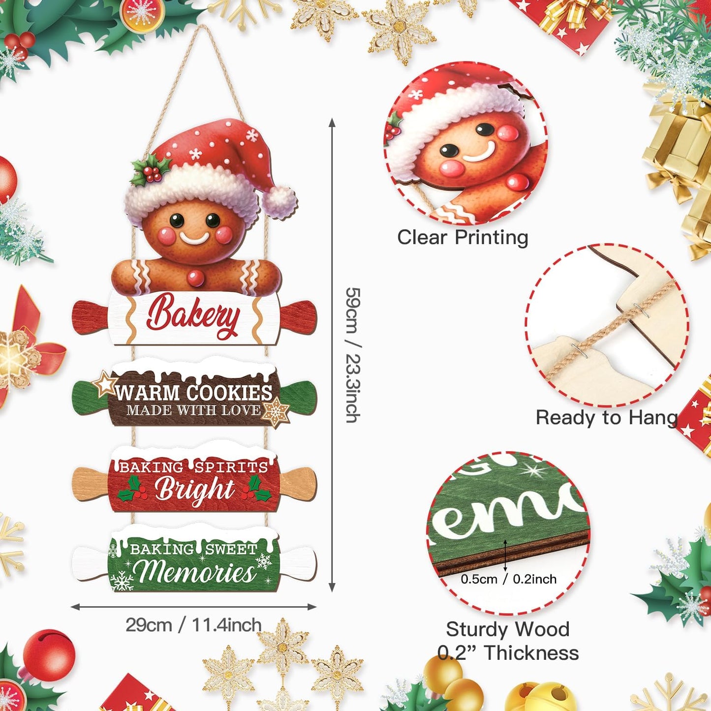 CHDITB Wooden Gingerbread Bakery Christmas Door Hanger, Rustic Christmas Wall Hanging Sign with Cookies Rolling Pin Warm Saying, Farmhouse Xmas Winter Holiday Decor for Indoor Outdoor