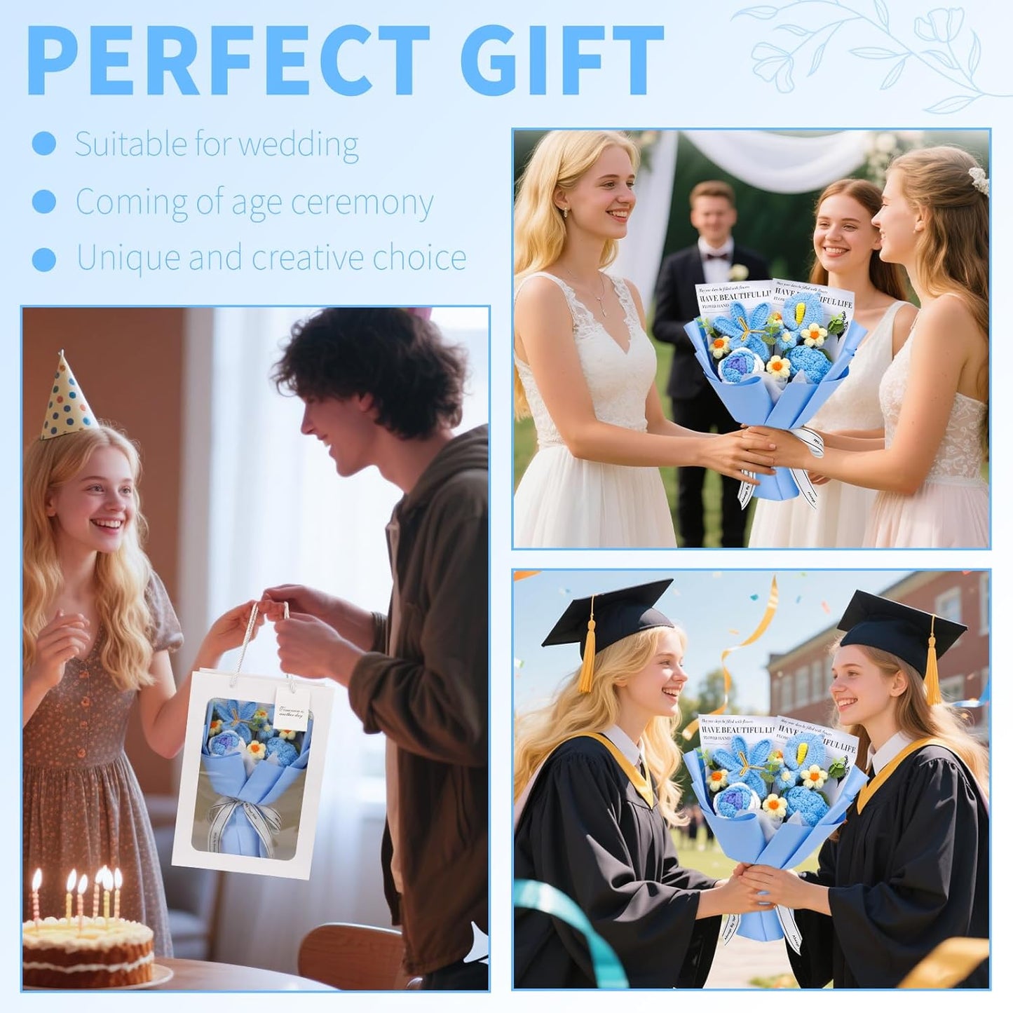 Crochet Flowers Bouquet, Handmade Crochet Flowers Knitted Bouquet, Tulips Flower Bouquet and Calla Lily for Birthday, Teacher’s Day, Graduation, Valentines (Blue)