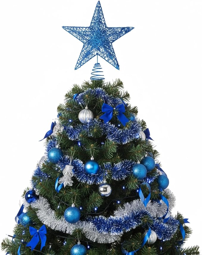 Christmas Star Tree Topper Glittering Hollow Star Topper Decoration for Xmas Tree Ornament Party Supplies(Sky Blue,9.8 Inch)