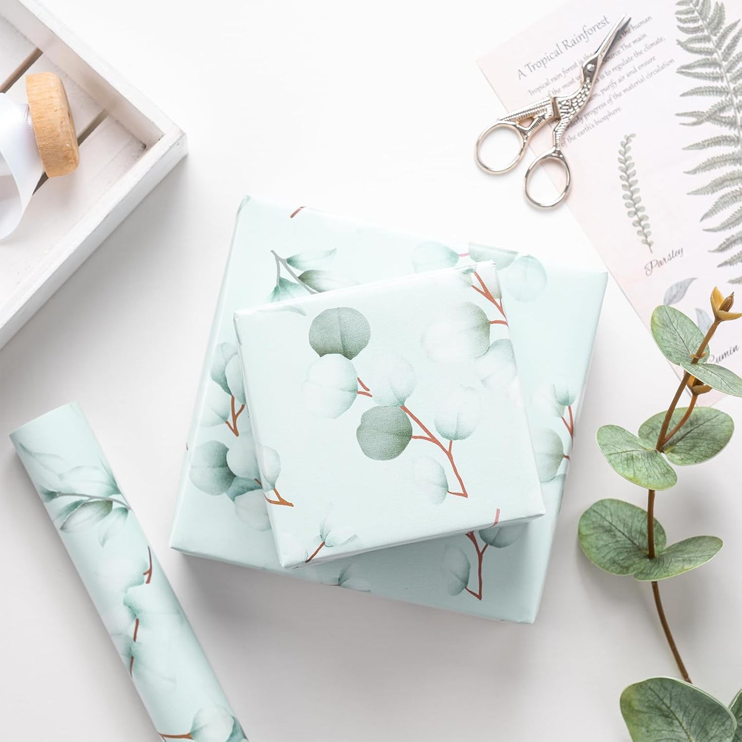 RUSPEPA Eucalyptus Leaves Wrapping Paper Roll for Women Girls, Light Green Leaf Design Gift Wrap, Greenery Wrapping Paper Perfect for Wedding, Birthday, Spring, Bridal Shower, 17 Inch x 16.4 Feet