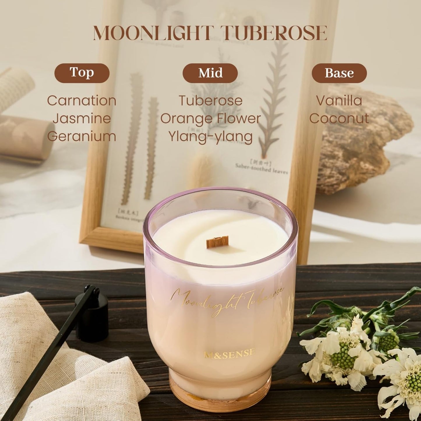M&SENSE 16.6oz Natural Soy Large Jar Candle with Wooden Wick | Moonlight Tuberose Scent | 95-Hour Burn & Long-Lasting Burn | Housewarming Gift for Men and Women