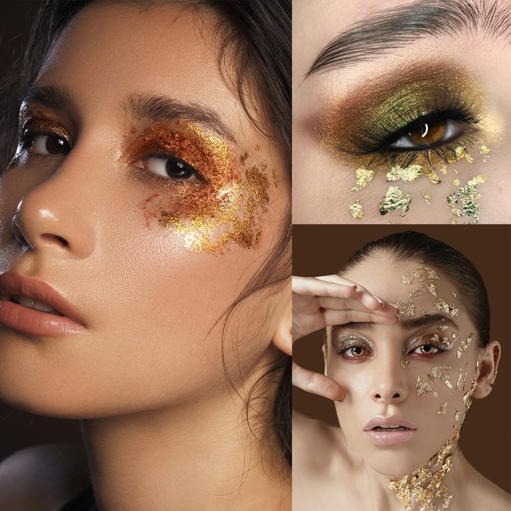 Gold Flakes for Resin, 2 Bottles 10g Imitation Golden Foil Gilding Flake Metallic Leaf for Cake Decoration Chocolate Making Nails Painting Art Crafts with Bamboo Tweezers (Gold, Copper Colors)