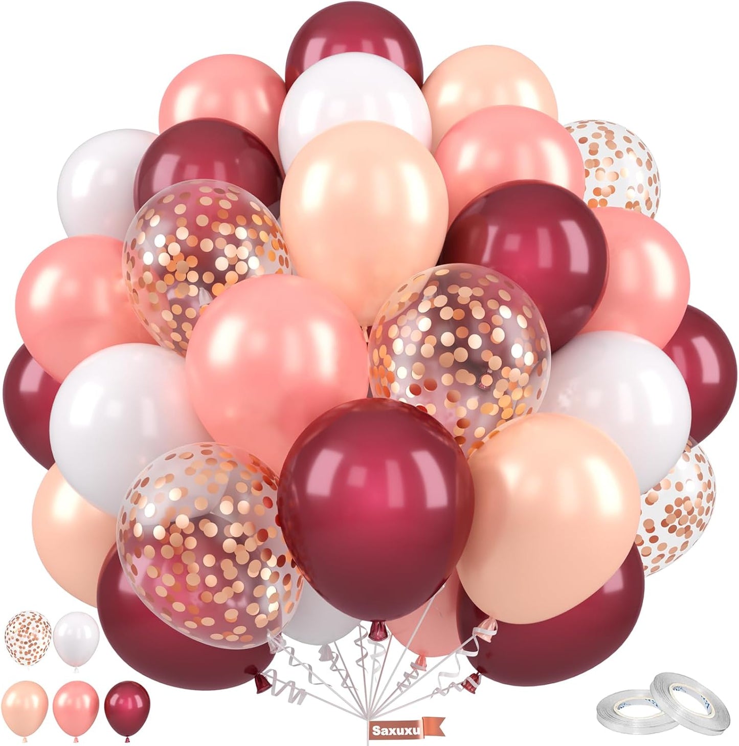 Burgundy Balloons, 12 Inch Maroon Balloons, Wine Red White Pearl Metallic Rose Gold Confetti Balloons Latex Balloons for Wedding Anniversary Engagement Romantic Dinner Fall Party Decorations