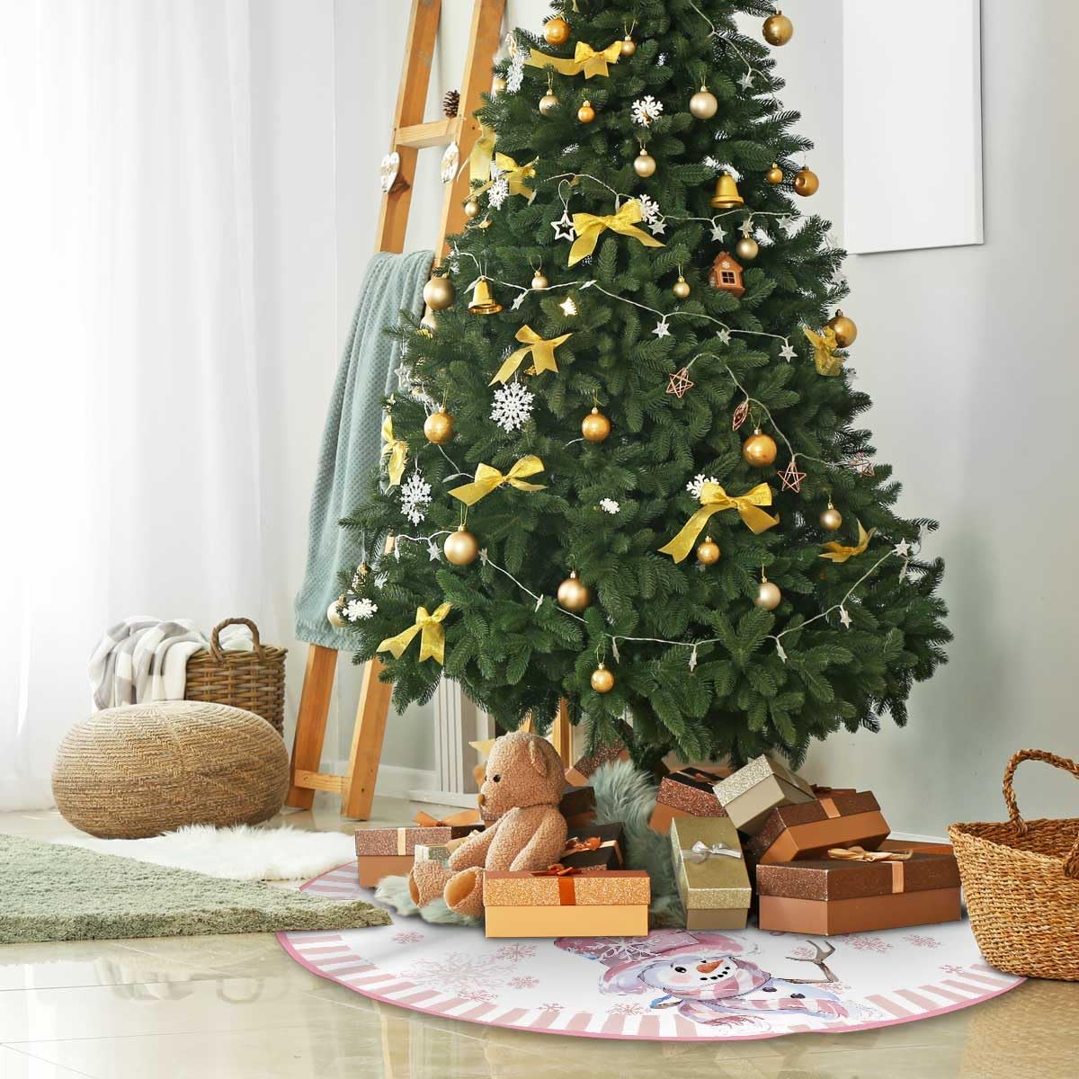 Let It Snow Snowman Christmas Tree Skirt 48 Inches, Pink Snowflake Tree Skirt, Winter Xmas Tree Mat for Home Party Holiday Indoor Outdoor Decorations (Pink, 48in)