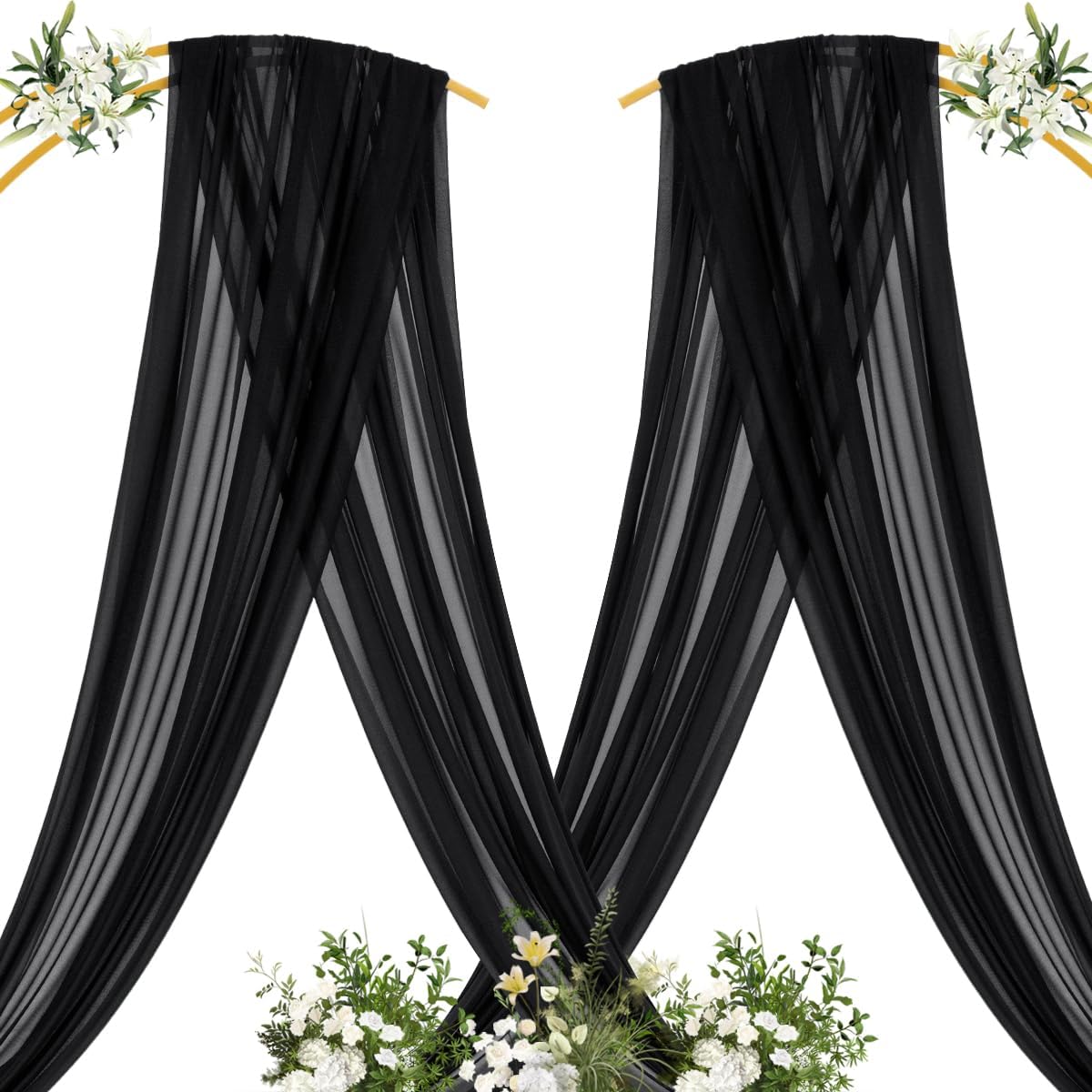 MLMC Black Wedding Arch Draping Fabric 1 Panel 29" x 20 FT Extra Long Gauze Drapes Sheer Backdrop Curtains 6.6 Yards Outdoor Drapery Panels for Wedding Ceremony Party Ceiling Decoration
