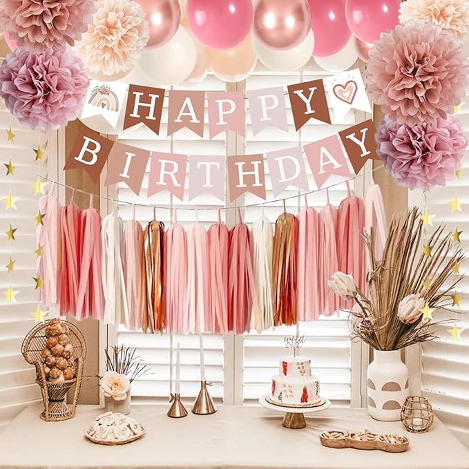 Birthday Decorations for Women, Retro Blush Pink Party Balloons Boho Happy Birthday Banner Paper Pompoms Tassel Garland, Neutral Rustic Birthday Party Décor Supplies Girls Boys Adults