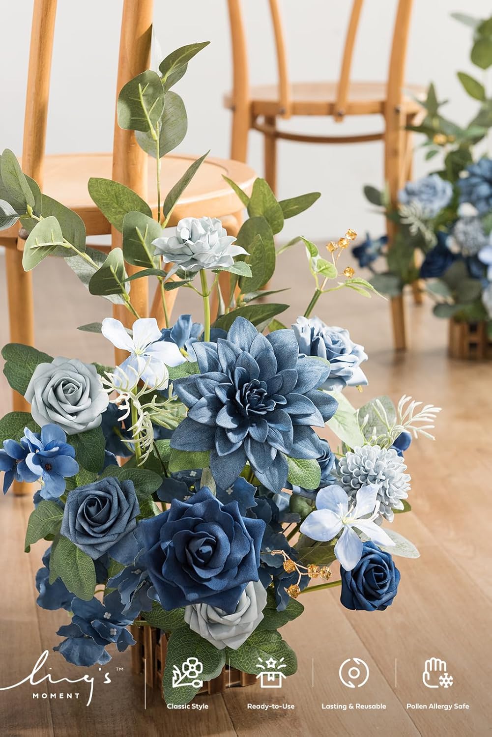 Ling's Moment 17.5" Tall Standing Artificial Flowers Arrangements 4pcs Fall Wedding Aisle Runner Chair Decorations Dusty Blue & Navy Centerpieces for Ceremony Reception Rose Floral Party Outdoor