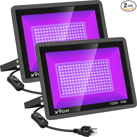 2 Pack 100W LED Black Light, Blacklight Flood Light with Plug and Switch, IP66 Waterproof Neon Glow for Party, Halloween, Fluorescent Poster, Body Paint, Aquarium