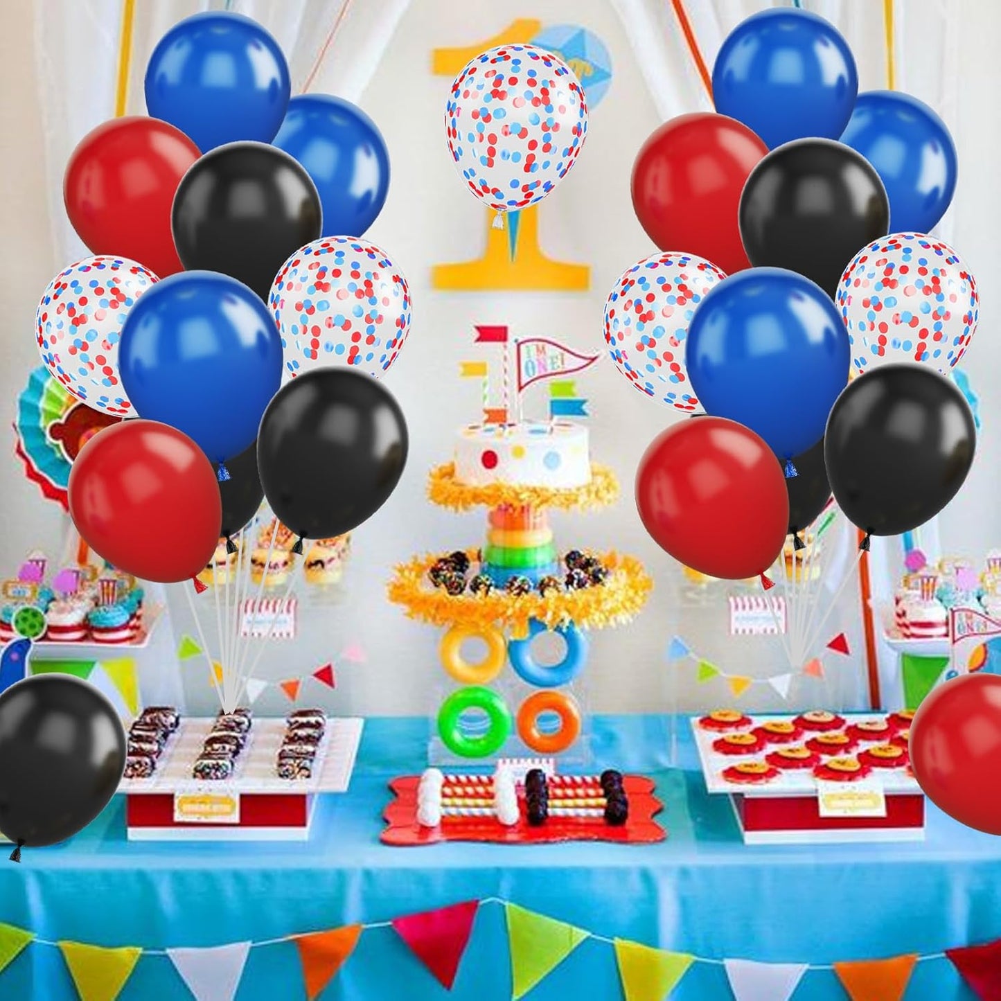 Red Blue Black Balloon Set, 12 Inch Matte Red Black and Royal Blue Latex Balloon with Red Blue Confetti Balloons for Party Boys Birthday Shower Graduation Party Decorations