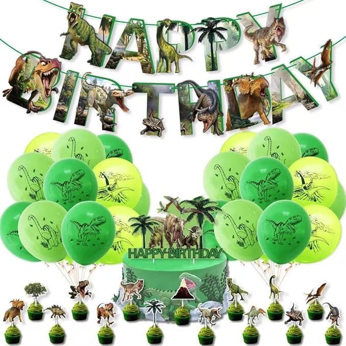 Dinosaur Birthday Decorations – Dino Theme Party Supplies with Happy Birthday Banner, 24 Balloons, 16 Cupcake & Cake Toppers, Ribbons – Dinosaur Balloons & Decorations for Kids