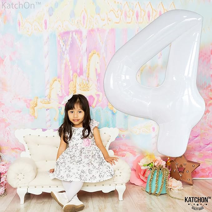 KatchOn, White Number 4 Balloons - 40 Inch | White Number 4 Balloons for Birthdays 4th | | white Number 4 Balloon for Unicorn Birthday, 4th Anniversary