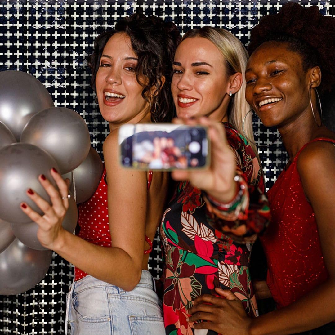 Square Tinsel Curtain Party Backdrop - 5pcs Glitter Foil Fringe Curtain Party Decor Black Photo Booth Backdrop Streamers for Halloween, Christmas, Birthday, Graduation, Wedding Party Decorations