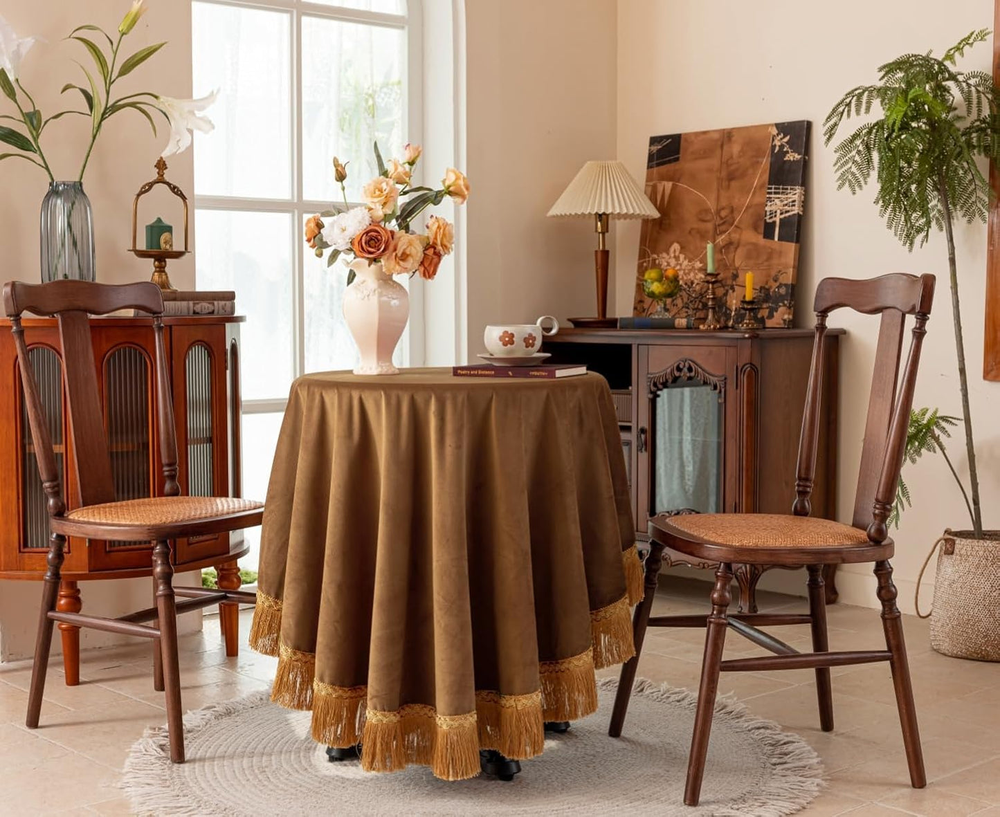 F-CHU Luxury Camel Tablecloth Thickset Velvet Tablecloth with Beautiful Gold Tassels Vintage Table Cloth for Home Decor Wedding, Party, Banquet and Events 48" Round