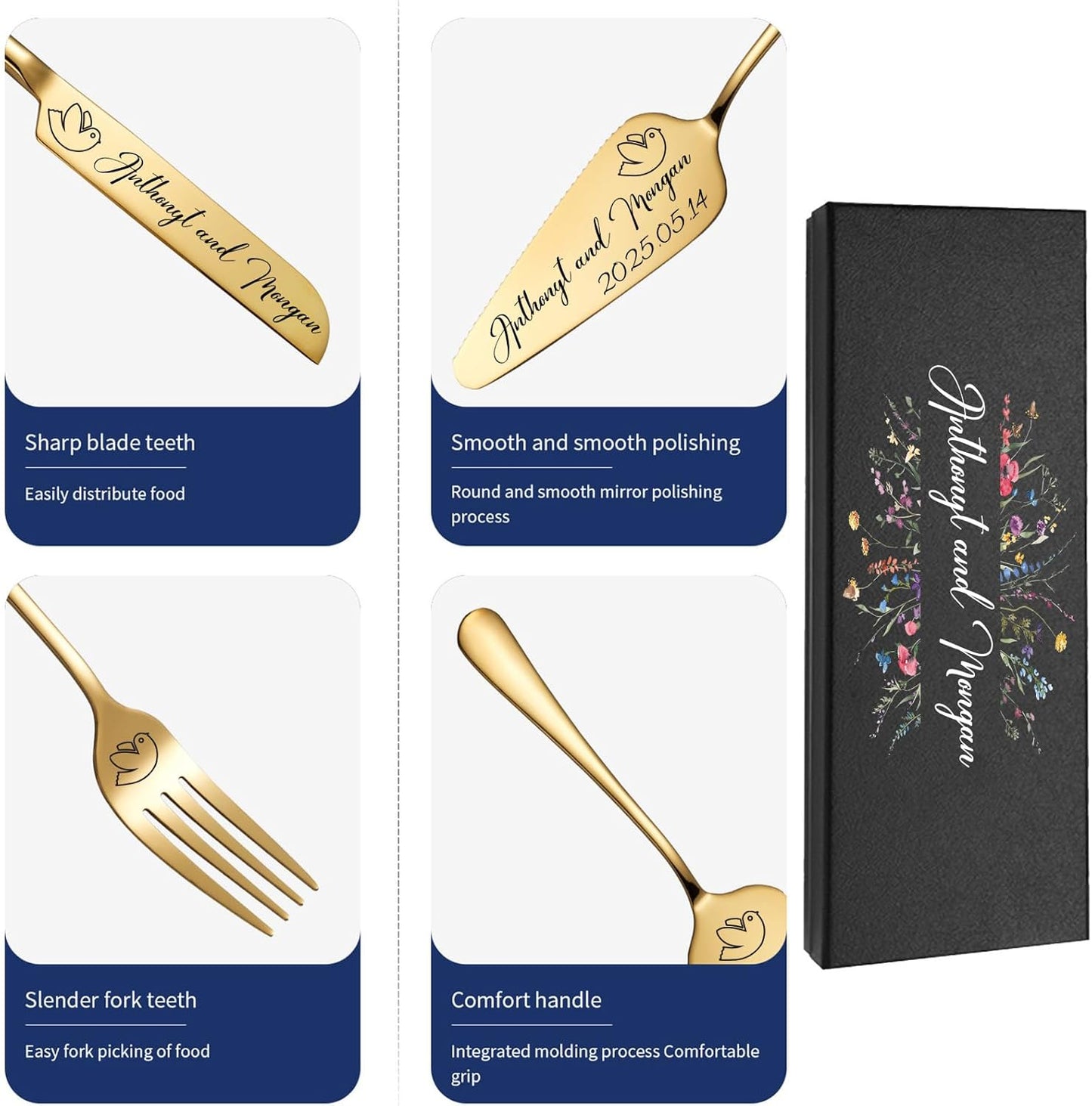 Personalized Wedding Cake Knife and Server Set, Custom Gold/Silver Cake Cutting Set for Wedding, 4 Pieces Set with Forks for Engagements, Anniversaries, Bride and Groom (Gold)