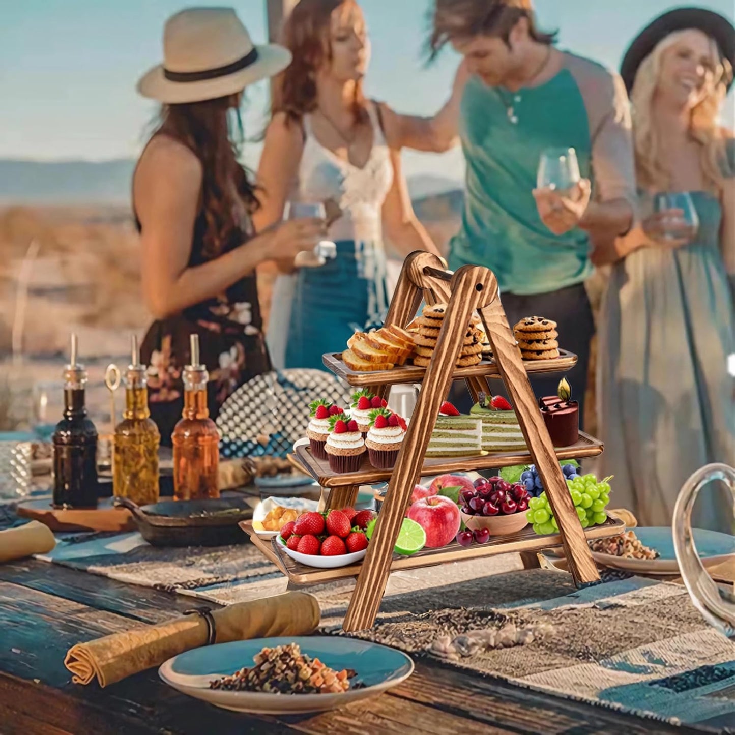 Wooden 3 Tier Serving Tray, Detachable Cupcake Stand, Rectangle Serving Platter Three Tiered Stand,Fruit,Appetizer,Dessert Decorative Tray Decor Party Food Table Display