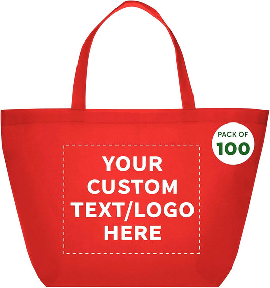 DISCOUNT PROMOS Custom Southern Style Grocery Tote Bags Set of 100 - Personalized Bulk Pack, Reusable Grocery & Shopping Bags - Great for Travel, Business Promotions, July 4th - Red - 20"X13"X8"