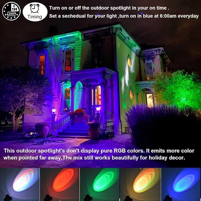 Outdoor Lights,10w Spot Lights Outdoor with US Plug and Remote Control,Dimmable Halloween Decor Christmas Lights Outdoor,Waterproof Spotlight with Timer（Light Color is Mixed, NOT Pure RGB）