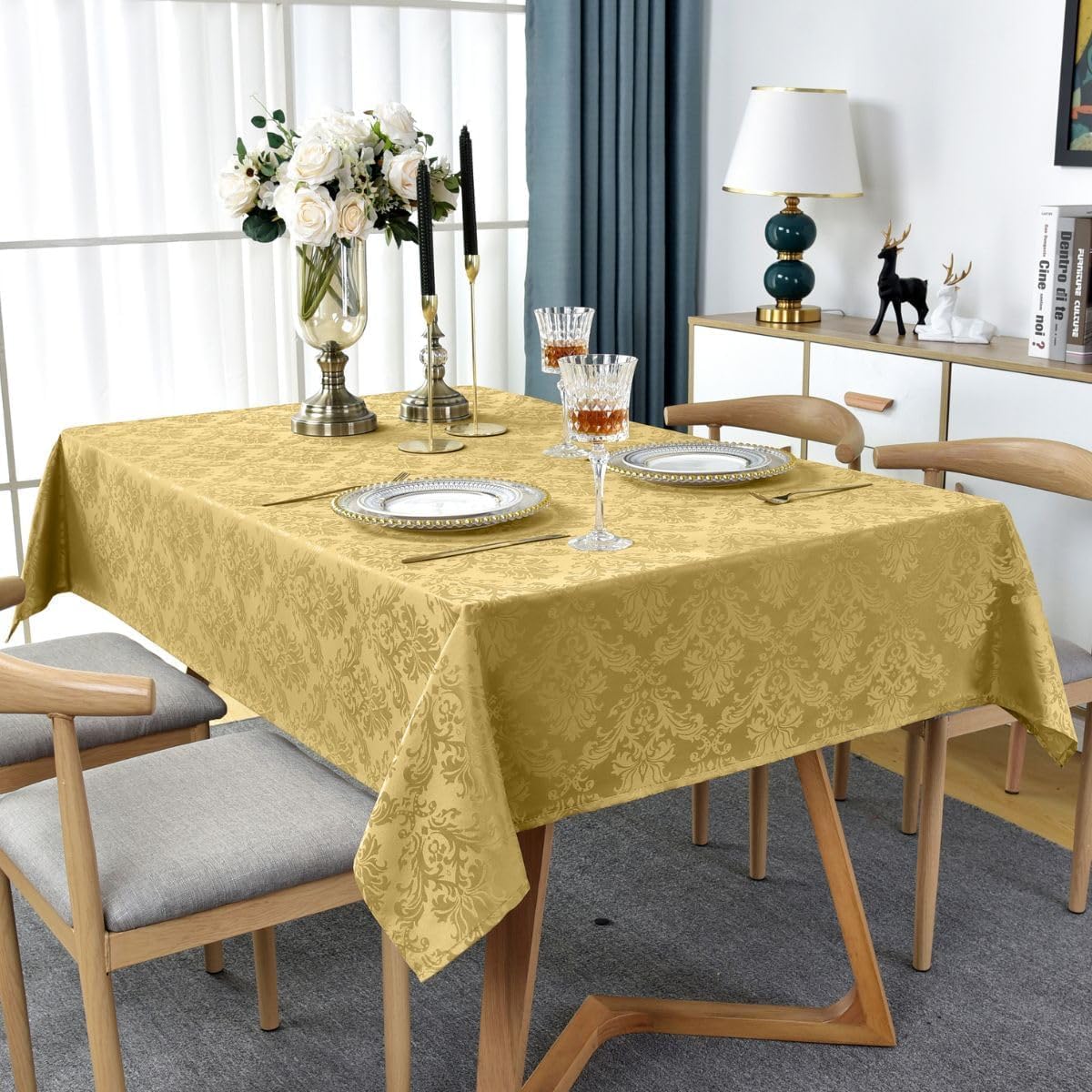 SASTYBALE Rectangle Jacquard Tablecloth - 60 x 84 Inch Spill Proof Wrinkle Resistant Damask Table Cloth, Soft Polyester Oblong Table Cover for Kitchen Parties Farmhouse, Gold